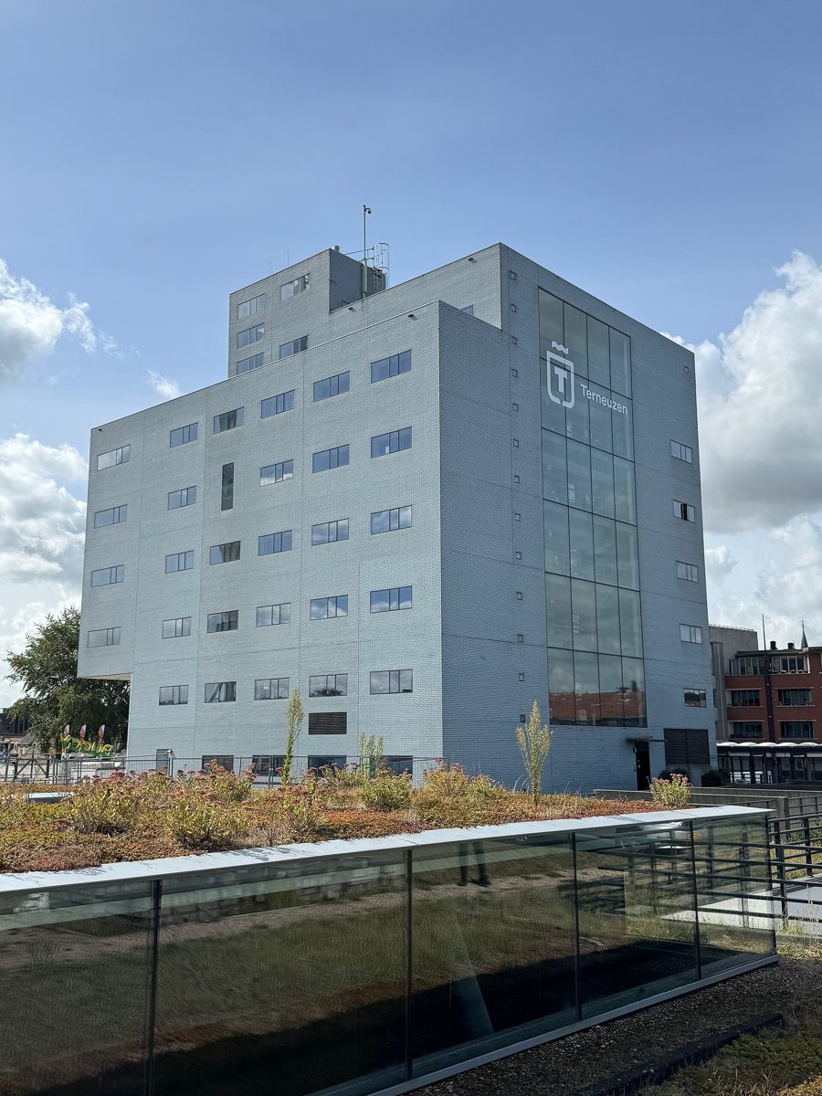 stadhuis van Terneuzen, een getrapt gebouw van beton met een lage vleugel op het gras