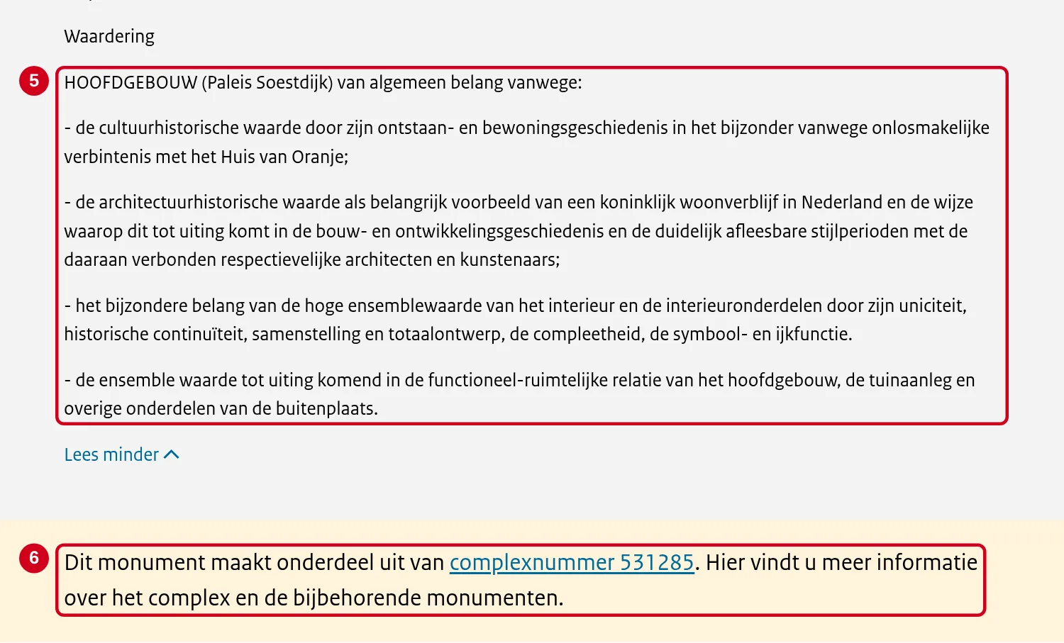 schermafbeelding van de registerpagina: de waardering van het hoofdgebouw en de melding over het complexnummer, met rode kaders en cijfers 5 en 6